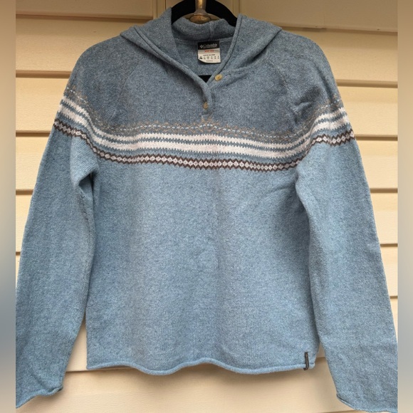 Columbia Sportswear XCO Light-Blue Hooded Fair Isle Sweater, Wool Blend, Large - Picture 1 of 6